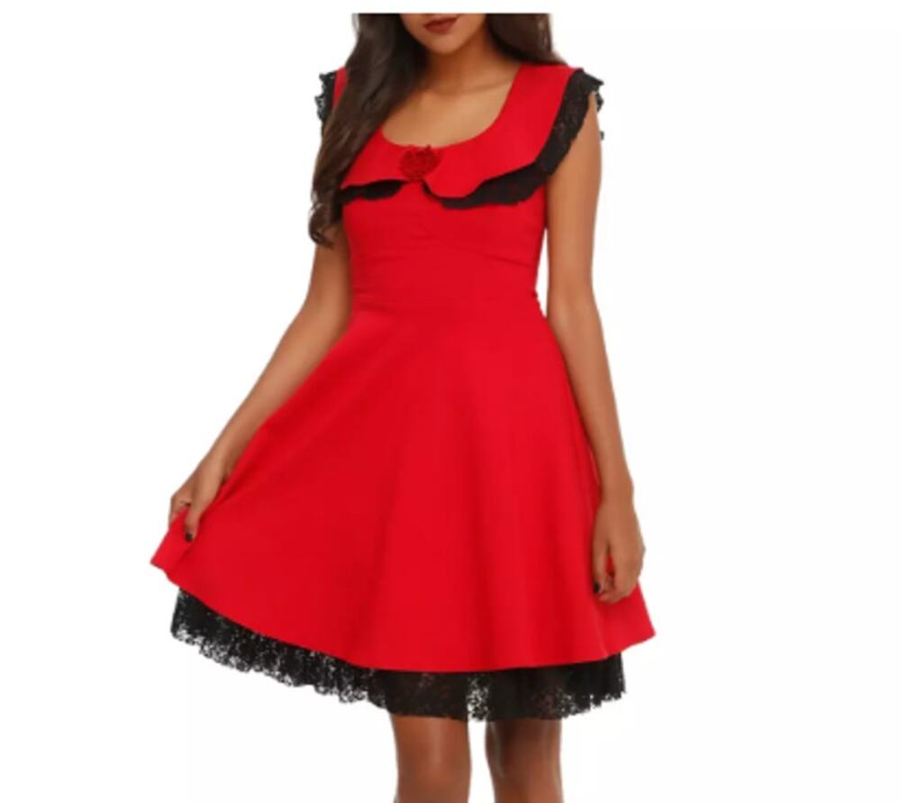 Hot Topic Fit & Flare Dress Womens Sz Large Peter Pan Collar Red Black Lace